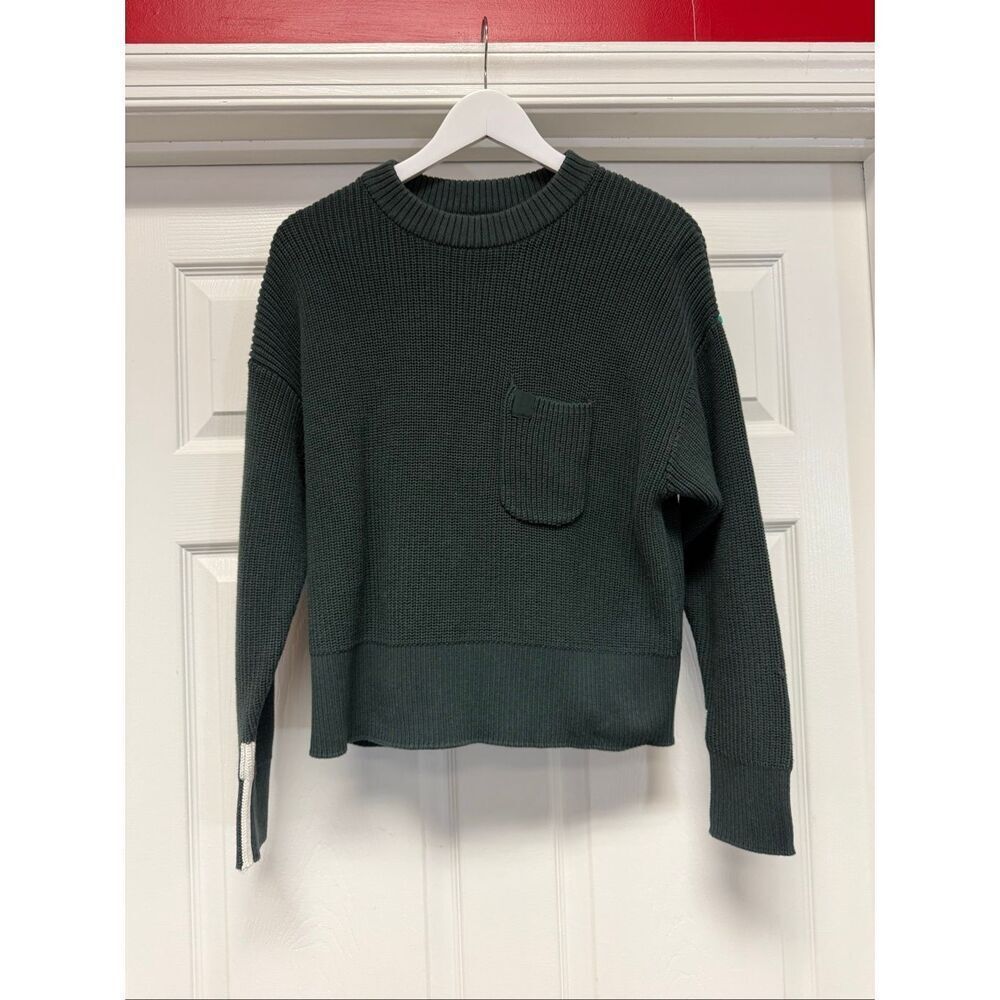 FLX Military Olive Green Front Pocket Sleeve Stripe Crew Neck Sweater sz L EUC